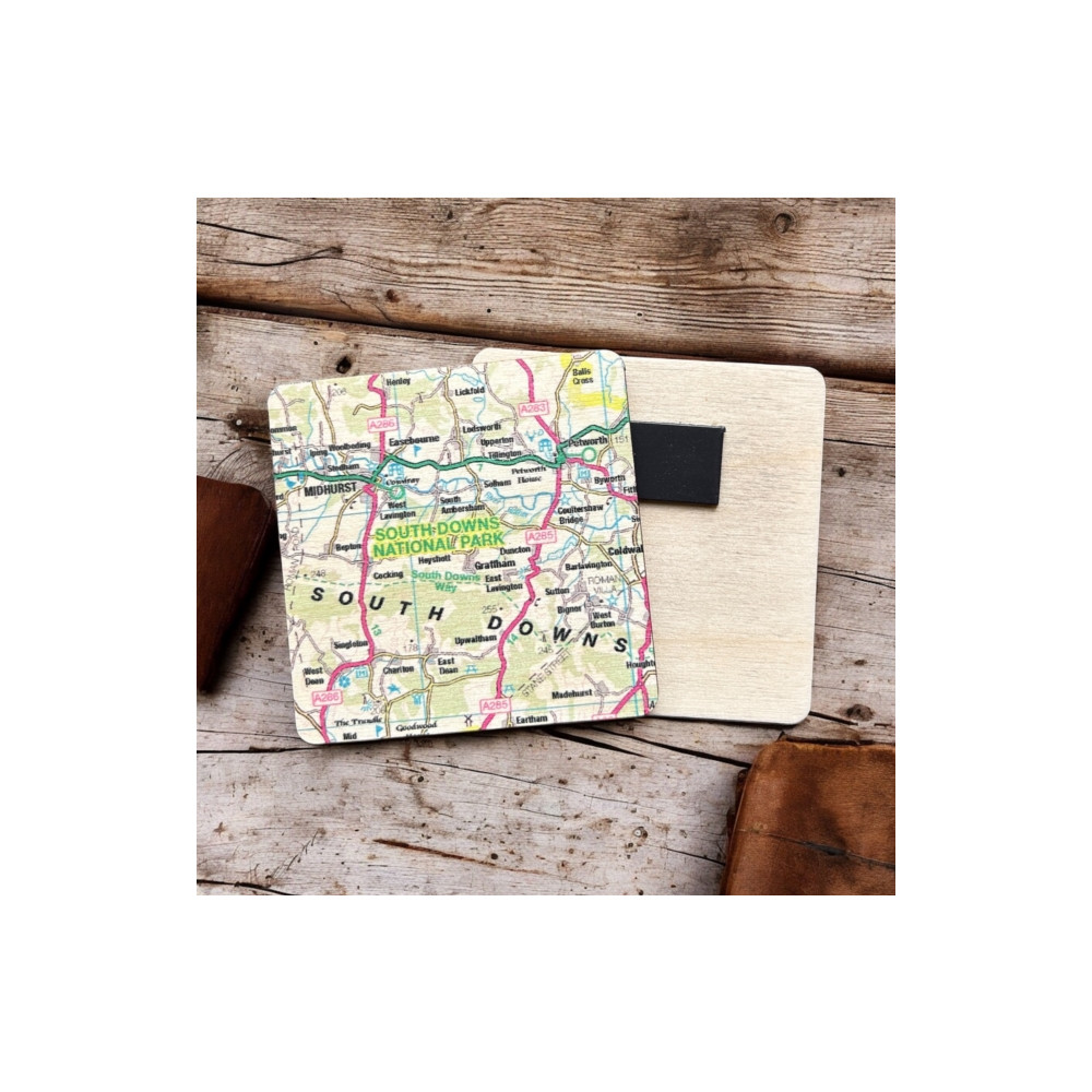 Produktbild för OS Map Wooden Square Magnet - South Downs National Park