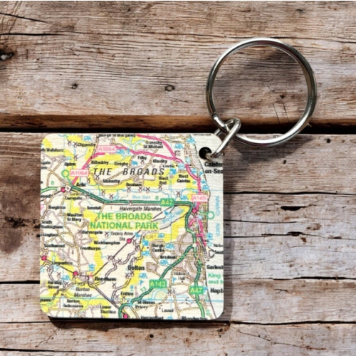 The Sugar Shed OS Map Wooden Square Key-ring - The Broads