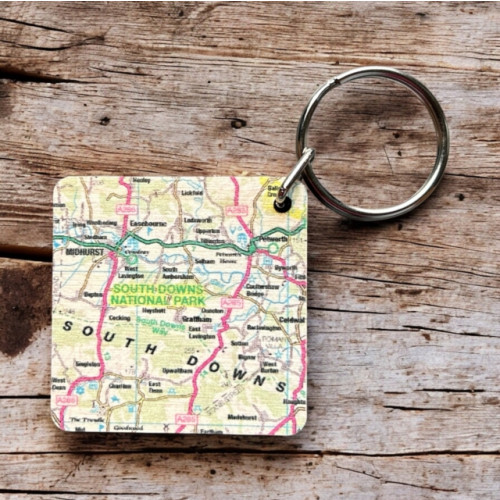 The Sugar Shed OS Map Wooden Square Key-ring - South Downs National Park