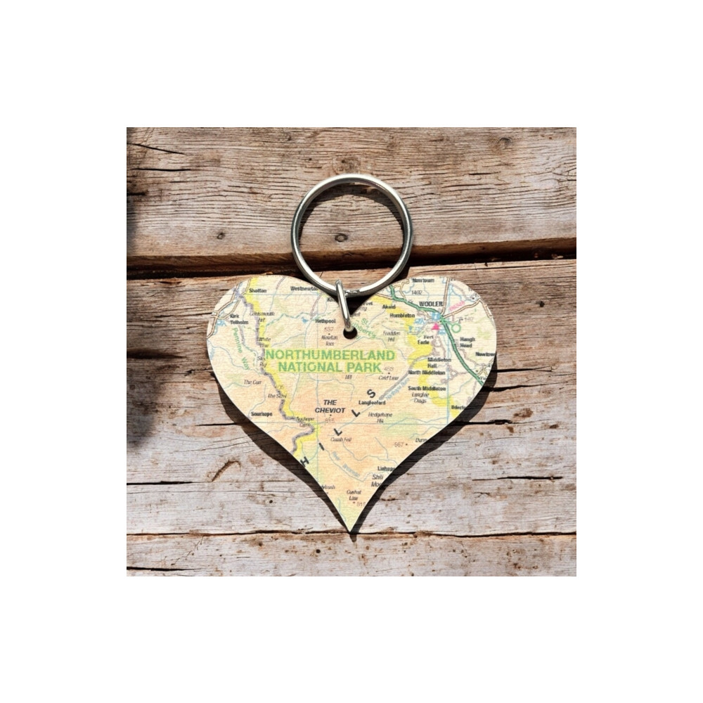 Produktbild för OS Map Wooden Heart Key-ring - Northumberland National Park