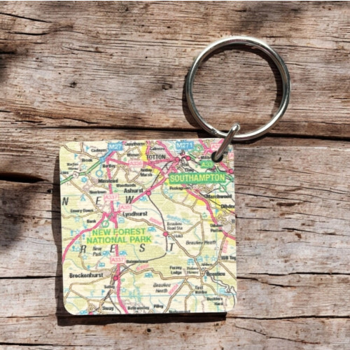 The Sugar Shed OS Map Wooden Square Key-ring - New Forest National Park
