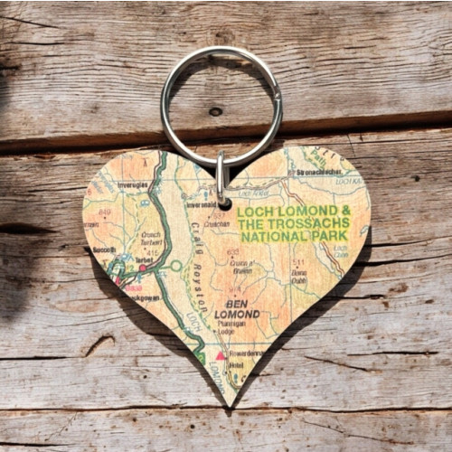 The Sugar Shed OS Map Wooden Heart Key-ring - Loch Lomond and The Trossachs National Park