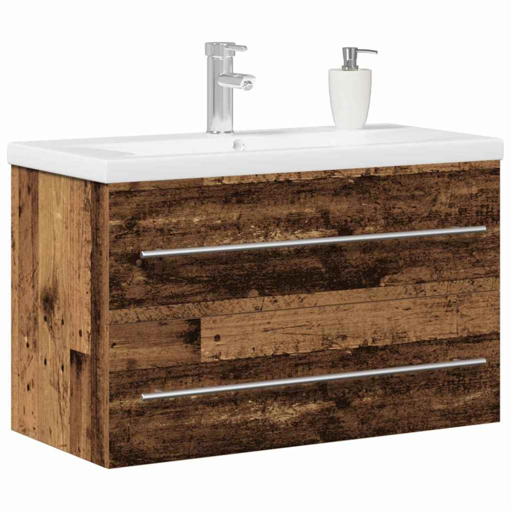 Produktbild för Badrumsskåp med handfat med låda Gammalt trä 80 x 38,5 x 48 cm