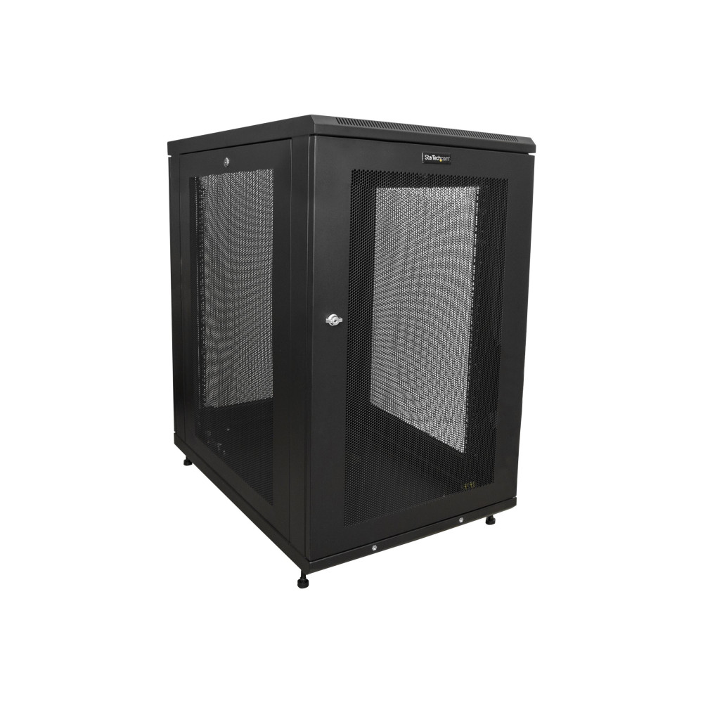 Produktbild för StarTech.com 19-tums 18U-serverskåp - 4 stolpar - Nätverksutrustningsrack med justerbart djup (5 till 76 cm) och hjul/kabelhantering/hylla/1U-hylla/låsluckor - rack - 18U
