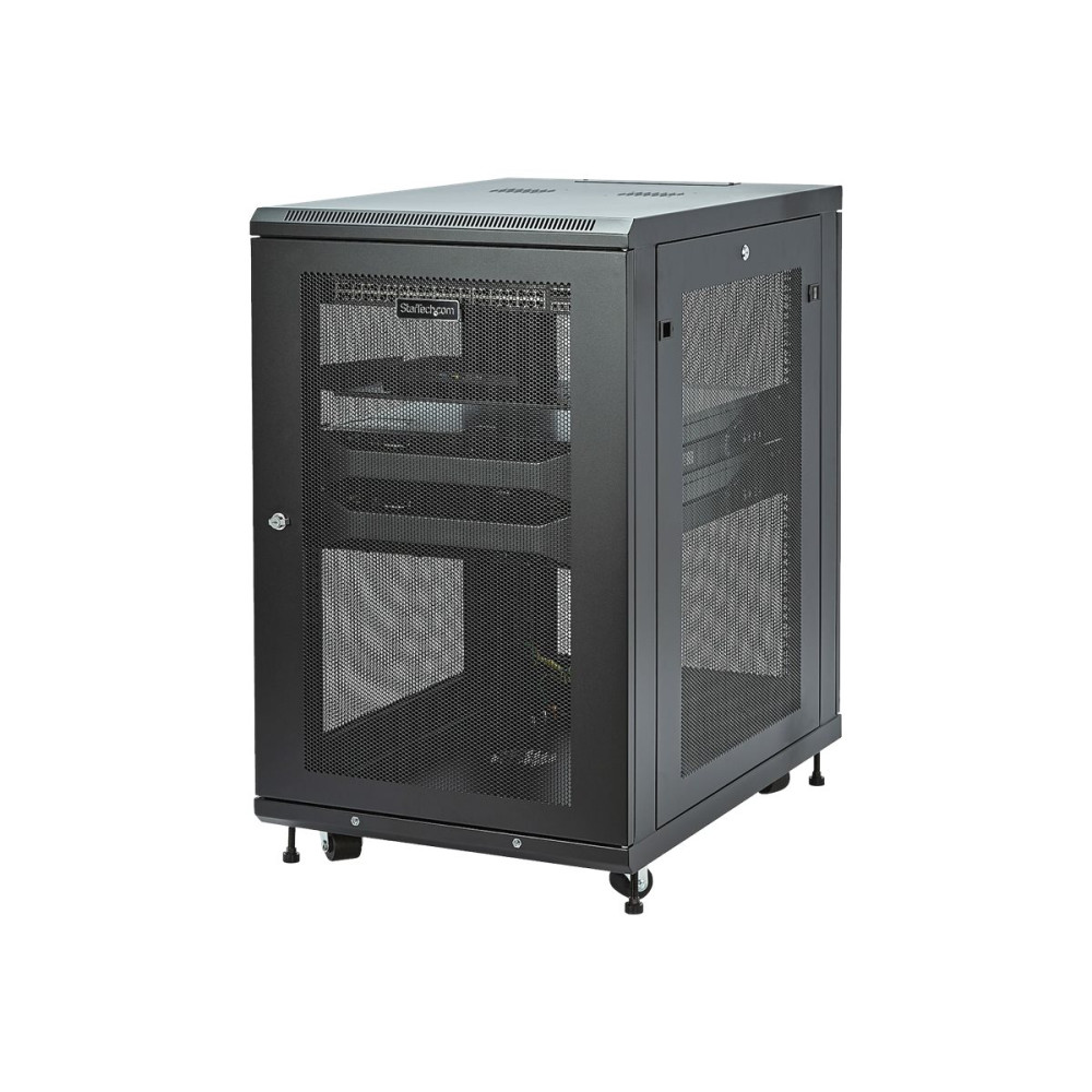 Produktbild för StarTech.com 19-tums 18U-serverskåp - 4 stolpar - Nätverksutrustningsrack med justerbart djup (5 till 76 cm) och hjul/kabelhantering/hylla/1U-hylla/låsluckor - rack - 18U