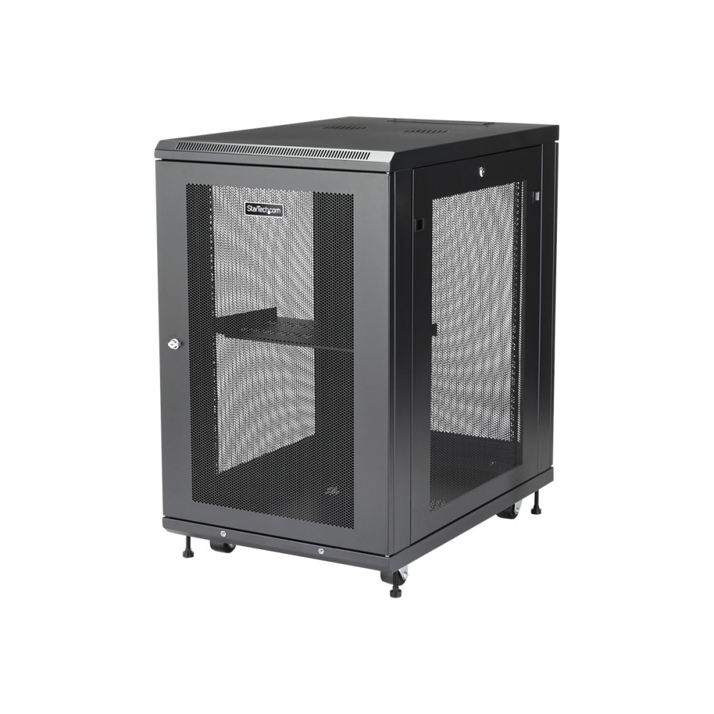Produktbild för StarTech.com 19-tums 18U-serverskåp - 4 stolpar - Nätverksutrustningsrack med justerbart djup (5 till 76 cm) och hjul/kabelhantering/hylla/1U-hylla/låsluckor - rack - 18U