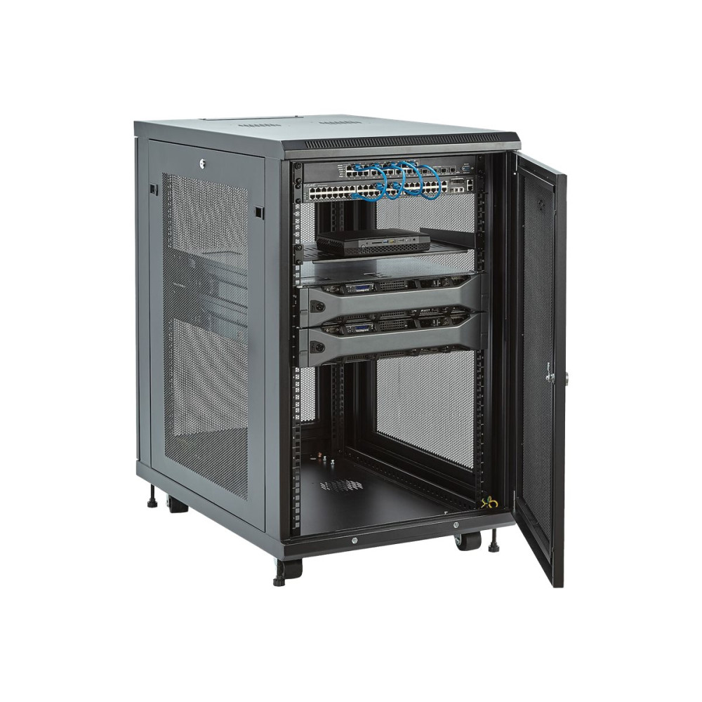 Produktbild för StarTech.com 19-tums 18U-serverskåp - 4 stolpar - Nätverksutrustningsrack med justerbart djup (5 till 76 cm) och hjul/kabelhantering/hylla/1U-hylla/låsluckor - rack - 18U