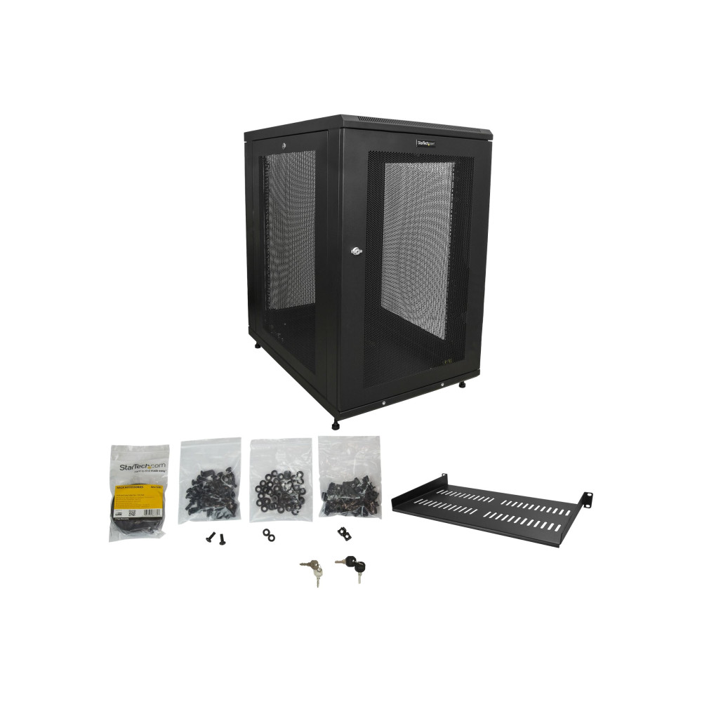 Produktbild för StarTech.com 19-tums 18U-serverskåp - 4 stolpar - Nätverksutrustningsrack med justerbart djup (5 till 76 cm) och hjul/kabelhantering/hylla/1U-hylla/låsluckor - rack - 18U