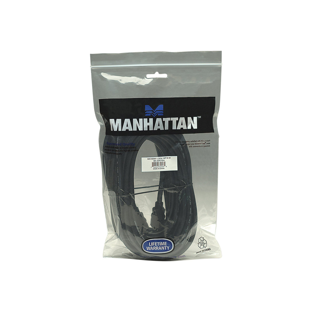 Produktbild för Manhattan HDMI Cable, 1080p@60Hz (High Speed), 10m, Male to Male, Black, Fully Shielded, Gold Plated Contacts, Lifetime Warranty, Polybag - HDMI-kabel - 10 m