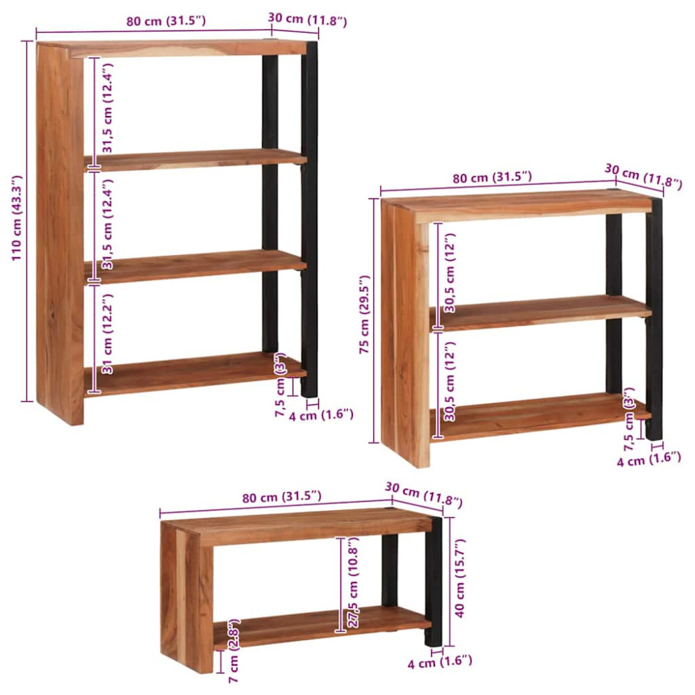 Produktbild för Hyllsystem 3 pcs Brun 80 x 30 x 110 cm Massivt Akaciaträ