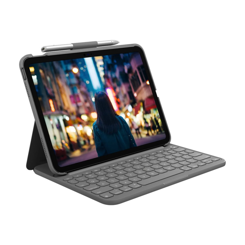 Produktbild för Logitech Slim Folio - tangentbord och foliefodral - QWERTZ - tysk - oxford-grå Inmatningsenhet