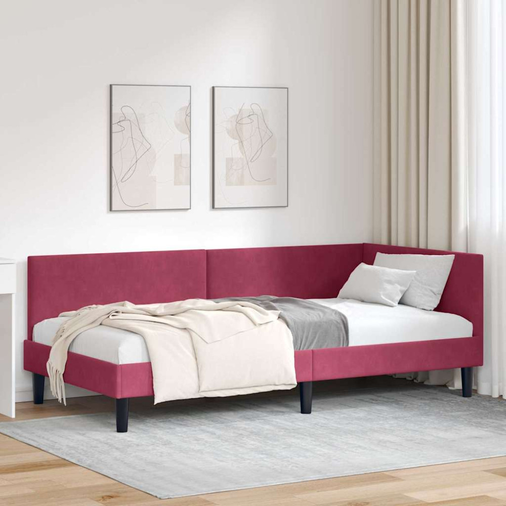 Produktbild för Hörn Sängram med huvudgavel Vinröd 90 cm x 200 cm Sammet