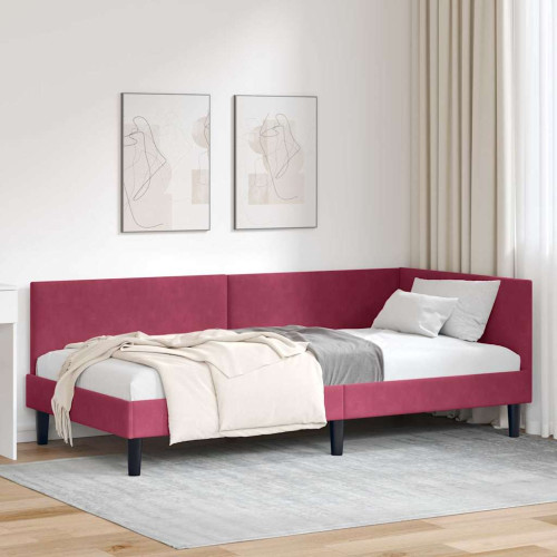vidaXL Hörn Sängram med huvudgavel Vinröd 90 cm x 200 cm Sammet