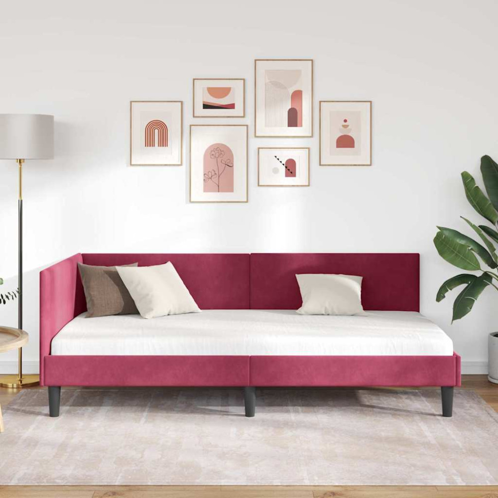 Produktbild för Hörn Sängram med huvudgavel Vinröd 90 cm x 200 cm Sammet