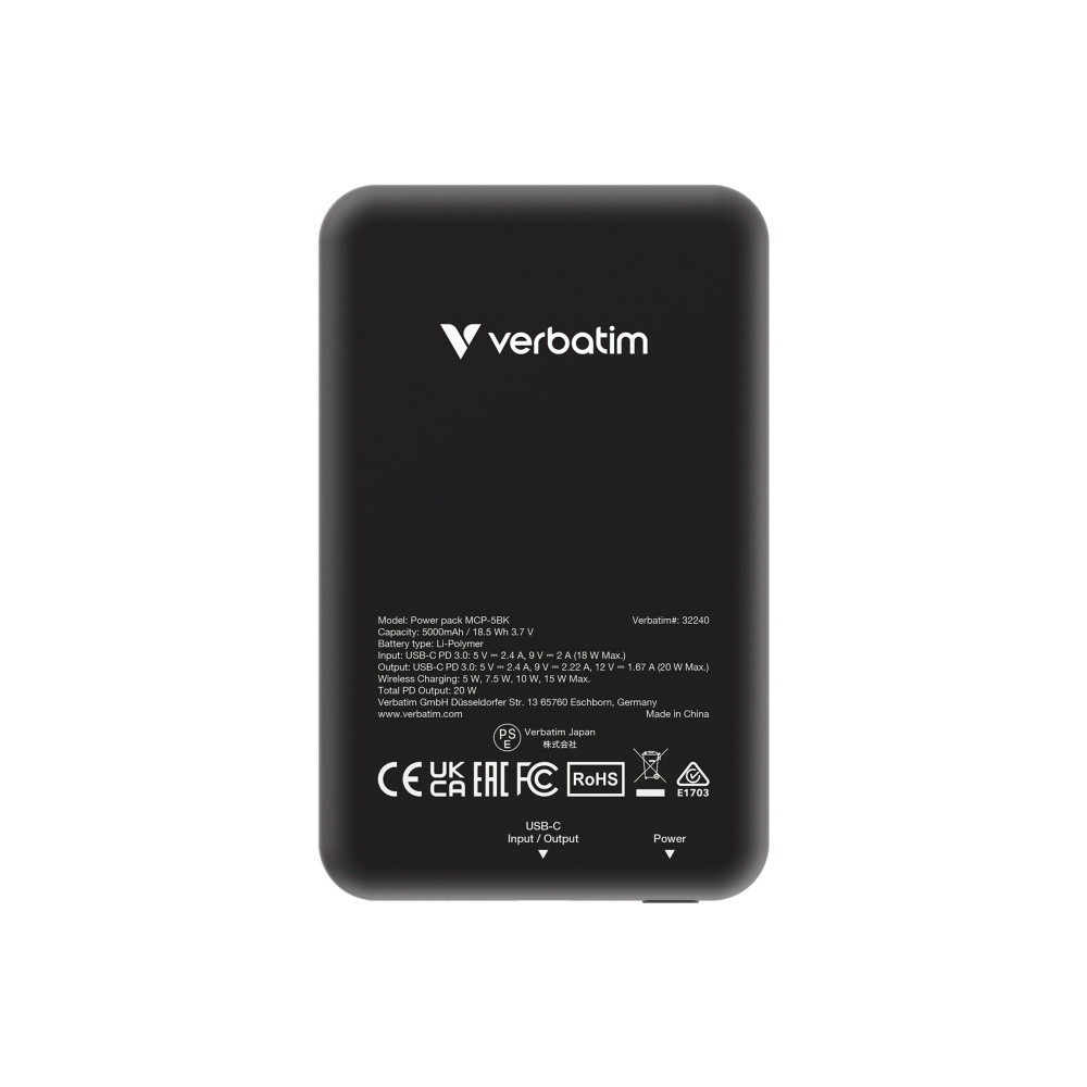 Produktbild för Verbatim Charge 'n' Go trådlös powerbank - magnetfäste - Li-pol - USB-C - 20 Watt