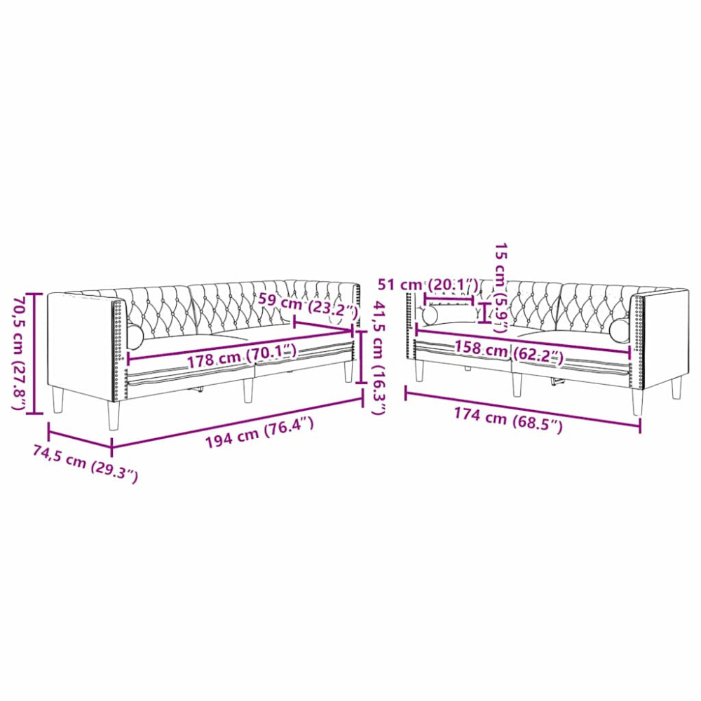 Produktbild för Vardagsrumsoffa 2 pcs Ljusgrå 194 x 74,5 x 70,5 cm Sammet
