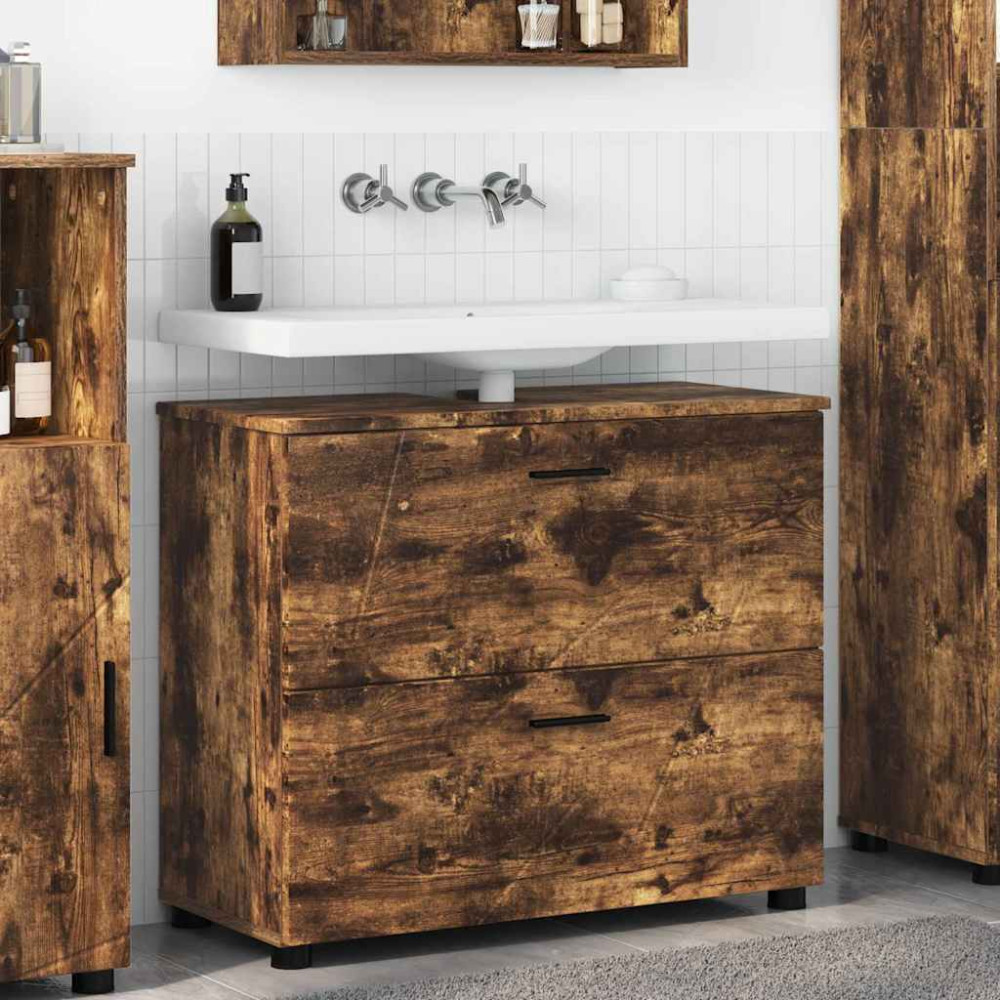 Produktbild för Badrumsskåp Rökt ek 76,5 x 35 x 64 cm Konstruerat trä & Metall