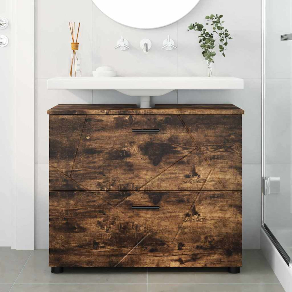 Produktbild för Badrumsskåp Rökt ek 76,5 x 35 x 64 cm Konstruerat trä & Metall