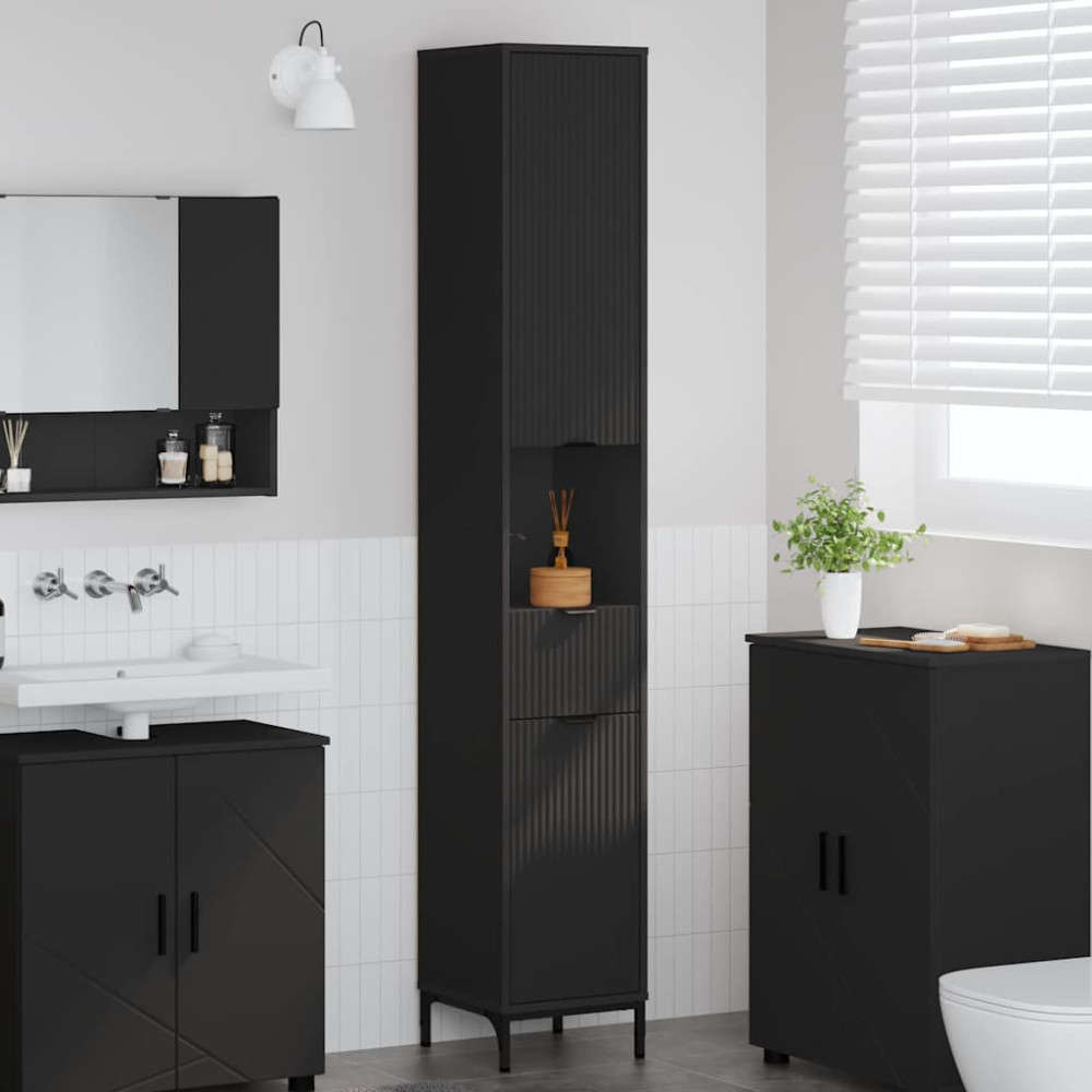 Produktbild för Badrumsskåp Svart 31,5 x 33 x 190 cm Konstruerat trä & Metall