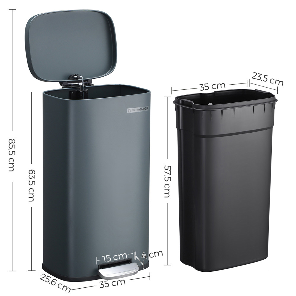 Produktbild för Trash Can Grey, Smoke Gray+black/stainless Steel 35x30x63cm