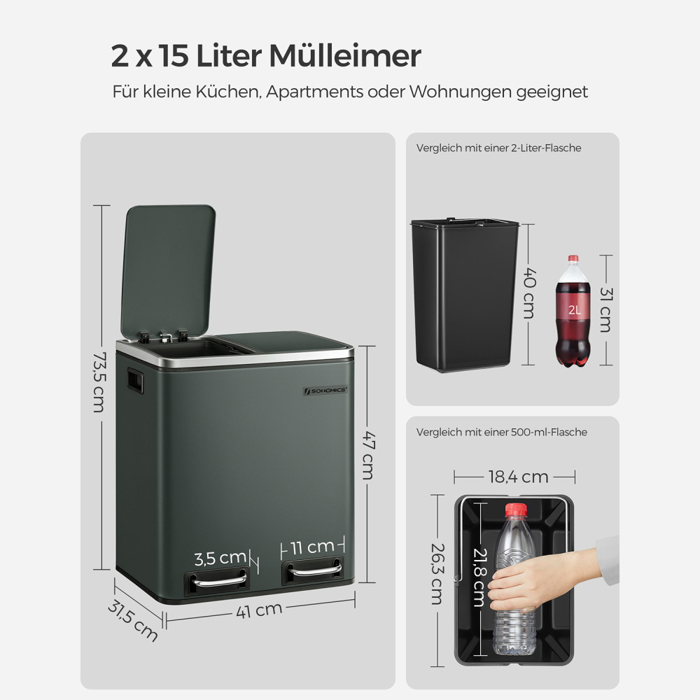 Produktbild för Trash Can Grey, Smoke Gray+black/stainless Steel 41x36x47cm