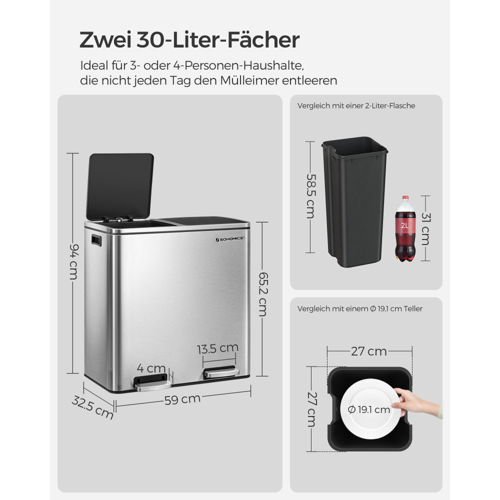 Produktbild för Trash Can Silver, Black 59x36x65cm