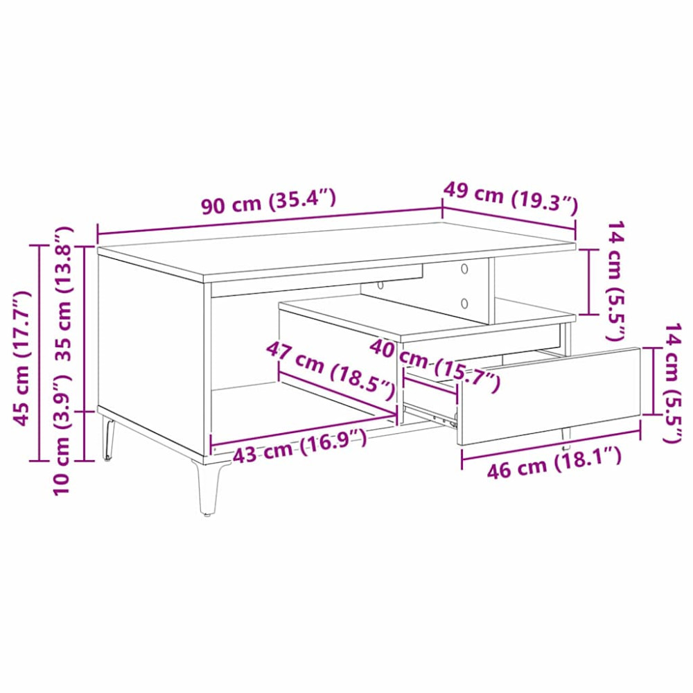 Produktbild för Kaffeebord med låda Gammalt trä 90 x 49 x 45 cm Konstruerat trä