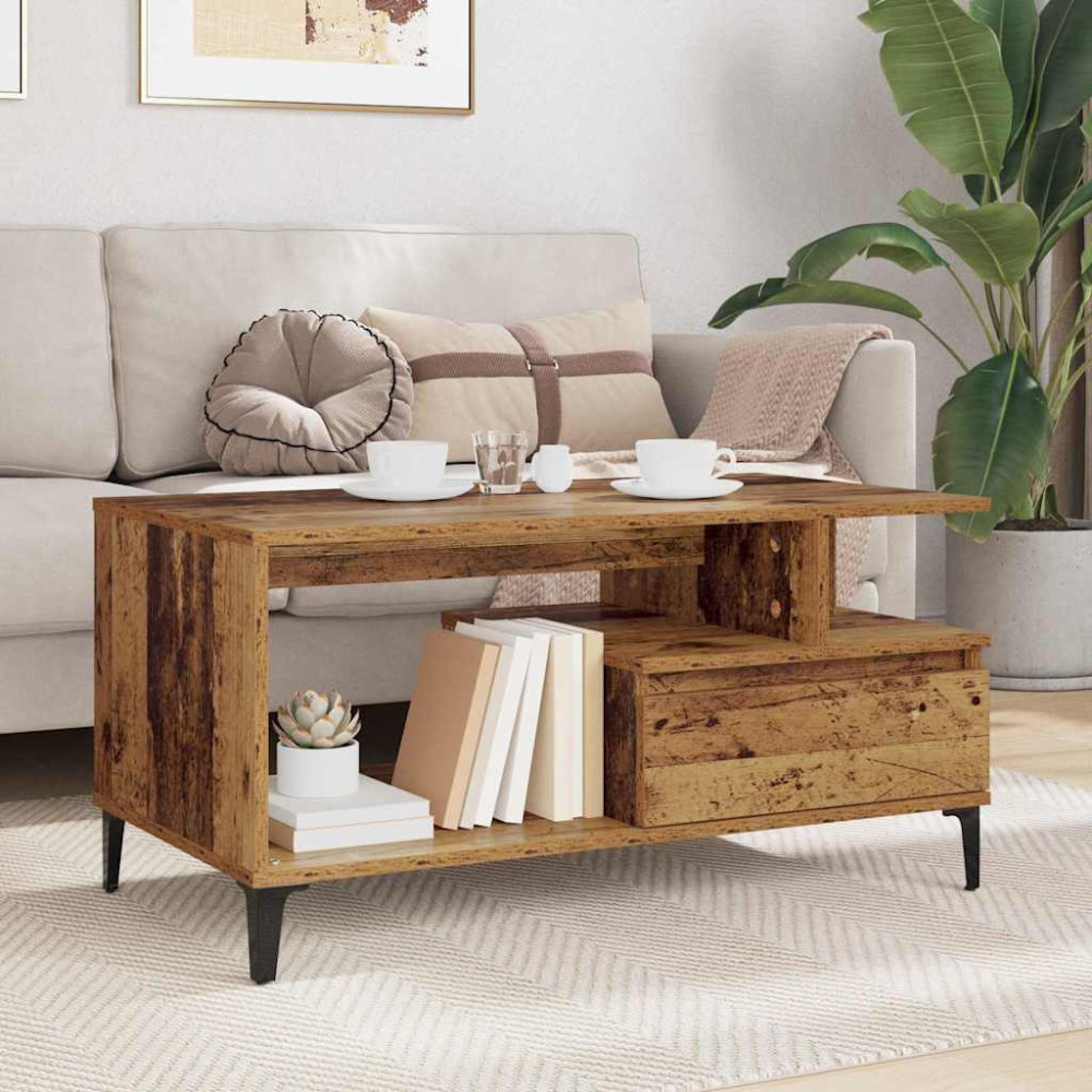 Produktbild för Kaffeebord med låda Gammalt trä 90 x 49 x 45 cm Konstruerat trä