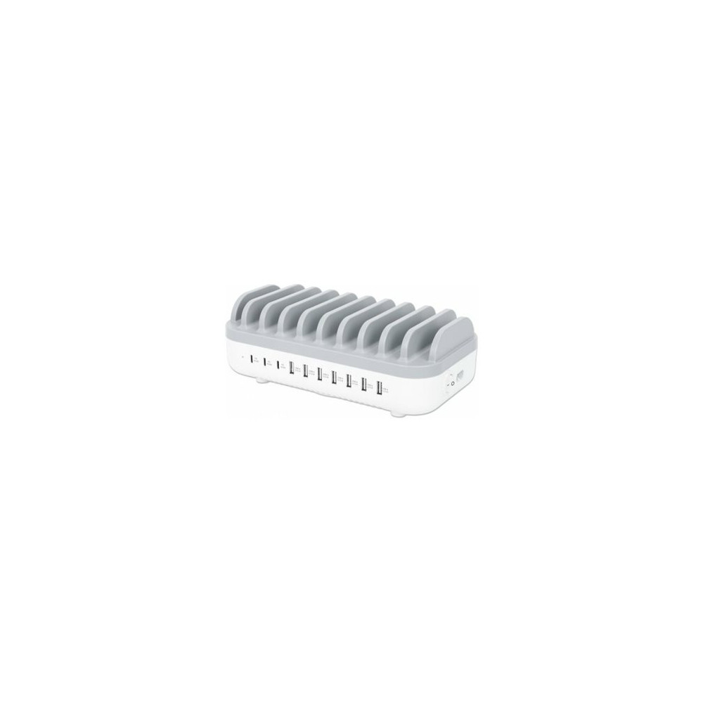 Produktbild för Manhattan Charging Station, 10x Ports: 3x USB-C (up to 18W PD) and 7x USB-A (up to 12W), 120W Total Output, White/Grey, Three Year Warranty, Box - laddningsstation - strömmatning - 120 watt