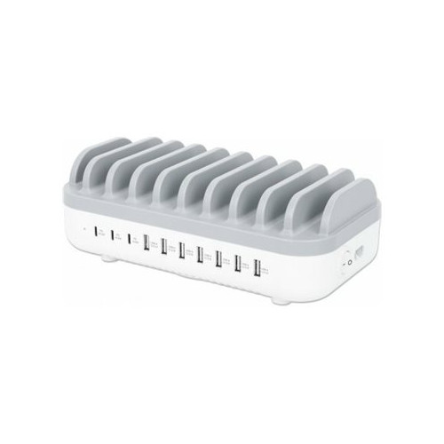 Manhattan Manhattan Charging Station, 10x Ports: 3x USB-C (up to 18W PD) and 7x USB-A (up to 12W), 120W Total Output, White/Grey, Three Year Warranty, Box - laddningsstation - strömmatning - 120 watt