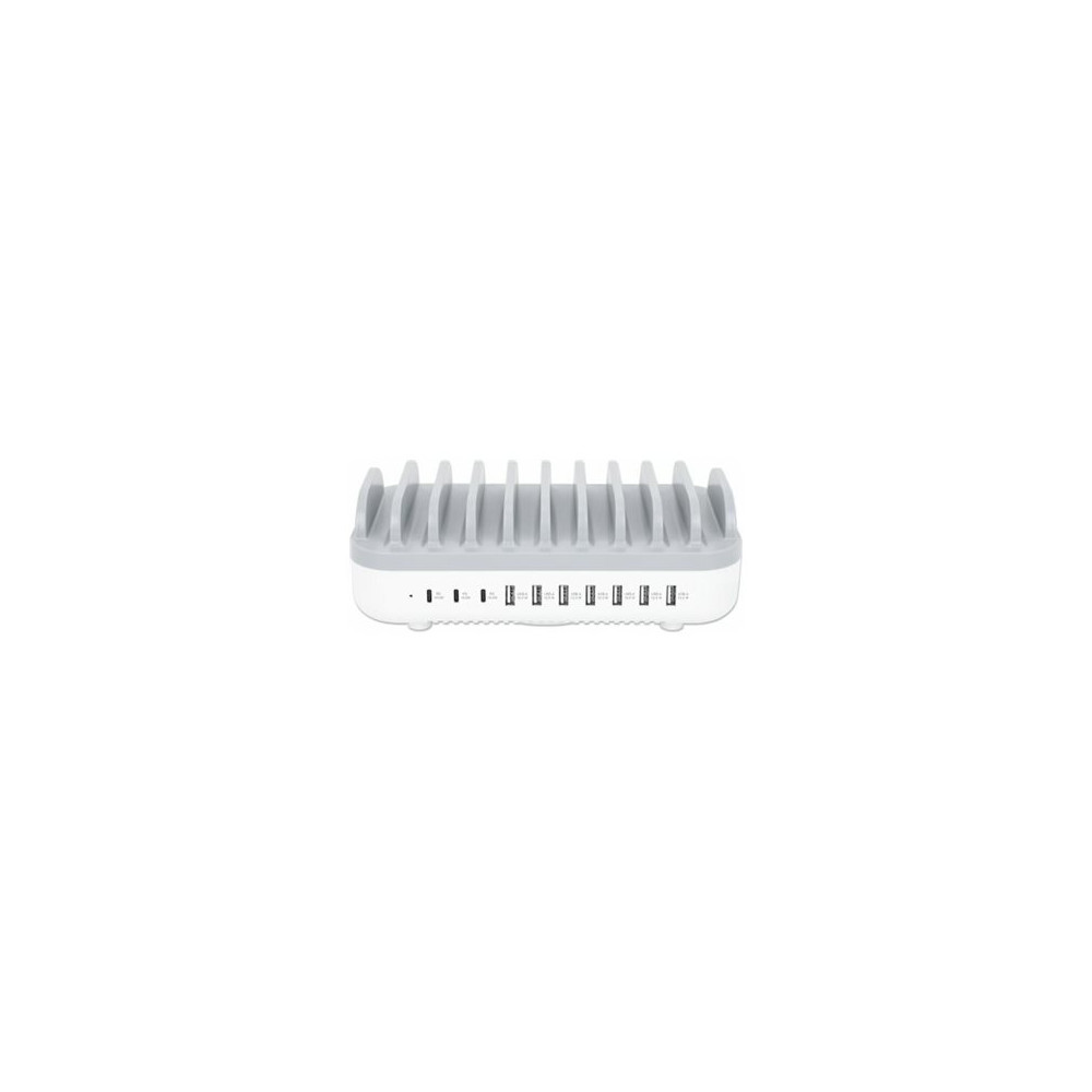 Produktbild för Manhattan Charging Station, 10x Ports: 3x USB-C (up to 18W PD) and 7x USB-A (up to 12W), 120W Total Output, White/Grey, Three Year Warranty, Box - laddningsstation - strömmatning - 120 watt