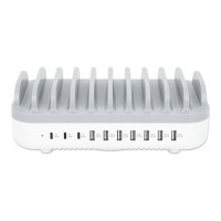 Produktbild för Manhattan Charging Station, 10x Ports: 3x USB-C (up to 18W PD) and 7x USB-A (up to 12W), 120W Total Output, White/Grey, Three Year Warranty, Box - laddningsstation - strömmatning - 120 watt