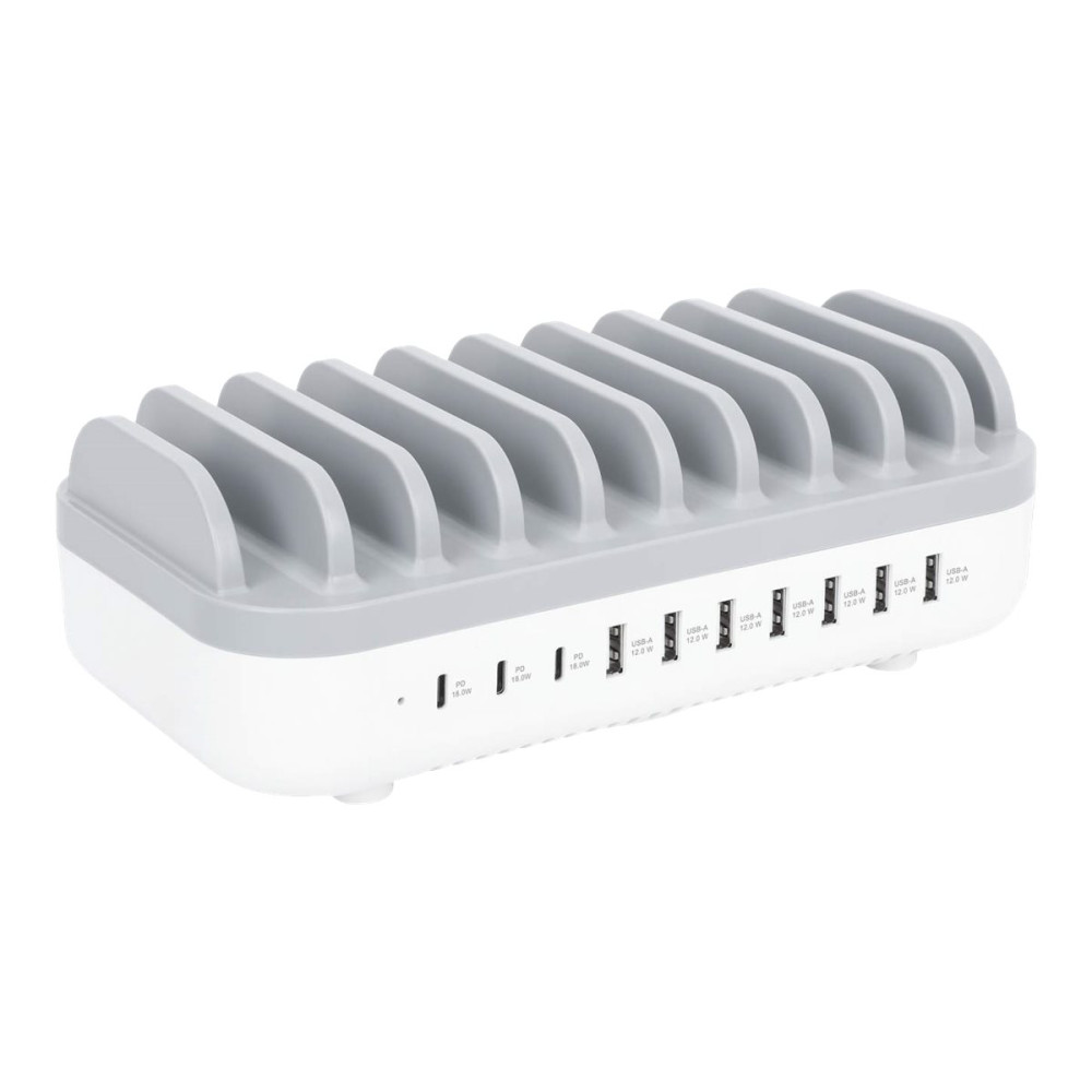 Produktbild för Manhattan Charging Station, 10x Ports: 3x USB-C (up to 18W PD) and 7x USB-A (up to 12W), 120W Total Output, White/Grey, Three Year Warranty, Box - laddningsstation - strömmatning - 120 watt