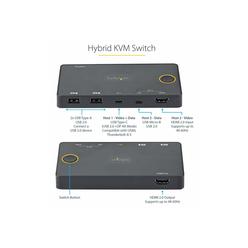 Produktbild för StarTech.com 2-ports hybrid USB-A + HDMI och USB-C KVM-switch - Enskild 4K 60 Hz HDMI 2.0-skärm - Kompakt HDMI KVM-switch för stationär/bärbar dator - USB-bussdriven - Thunderbolt 3-kompatibel - omkopplare för tangentbord/video/mus/ljud - 2 portar