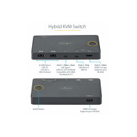 Produktbild för StarTech.com 2-ports hybrid USB-A + HDMI och USB-C KVM-switch - Enskild 4K 60 Hz HDMI 2.0-skärm - Kompakt HDMI KVM-switch för stationär/bärbar dator - USB-bussdriven - Thunderbolt 3-kompatibel - omkopplare för tangentbord/video/mus/ljud - 2 portar
