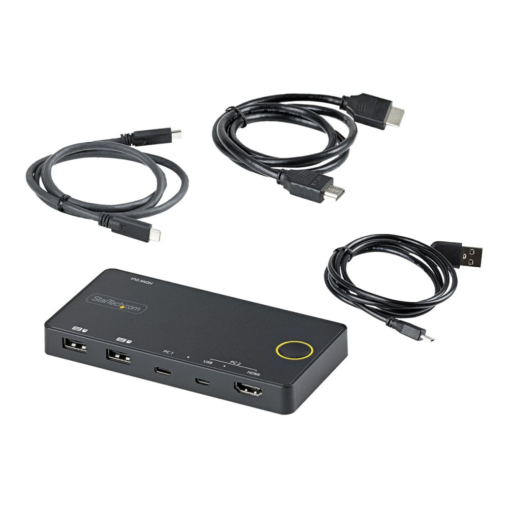 Produktbild för StarTech.com 2-ports hybrid USB-A + HDMI och USB-C KVM-switch - Enskild 4K 60 Hz HDMI 2.0-skärm - Kompakt HDMI KVM-switch för stationär/bärbar dator - USB-bussdriven - Thunderbolt 3-kompatibel - omkopplare för tangentbord/video/mus/ljud - 2 portar