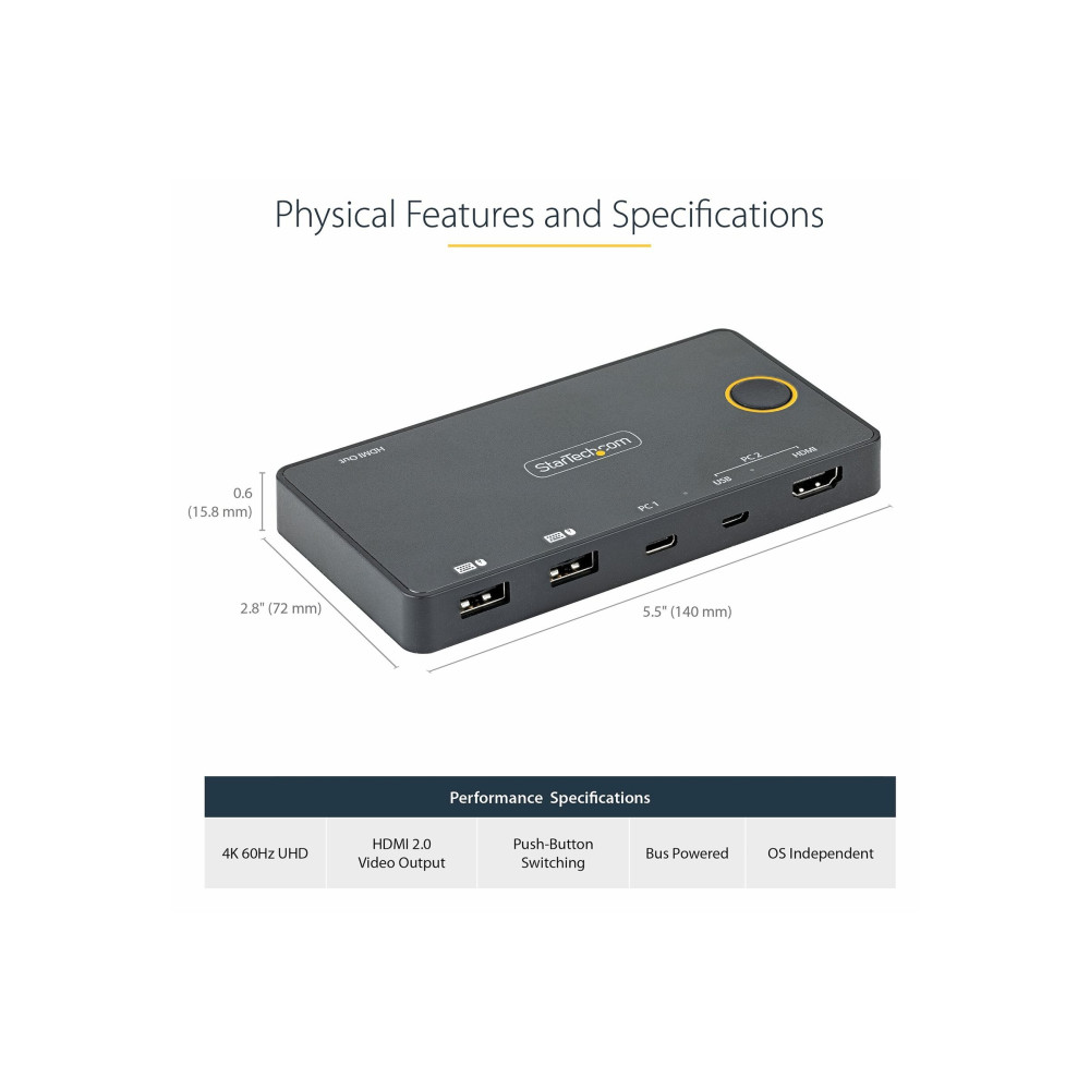 Produktbild för StarTech.com 2-ports hybrid USB-A + HDMI och USB-C KVM-switch - Enskild 4K 60 Hz HDMI 2.0-skärm - Kompakt HDMI KVM-switch för stationär/bärbar dator - USB-bussdriven - Thunderbolt 3-kompatibel - omkopplare för tangentbord/video/mus/ljud - 2 portar