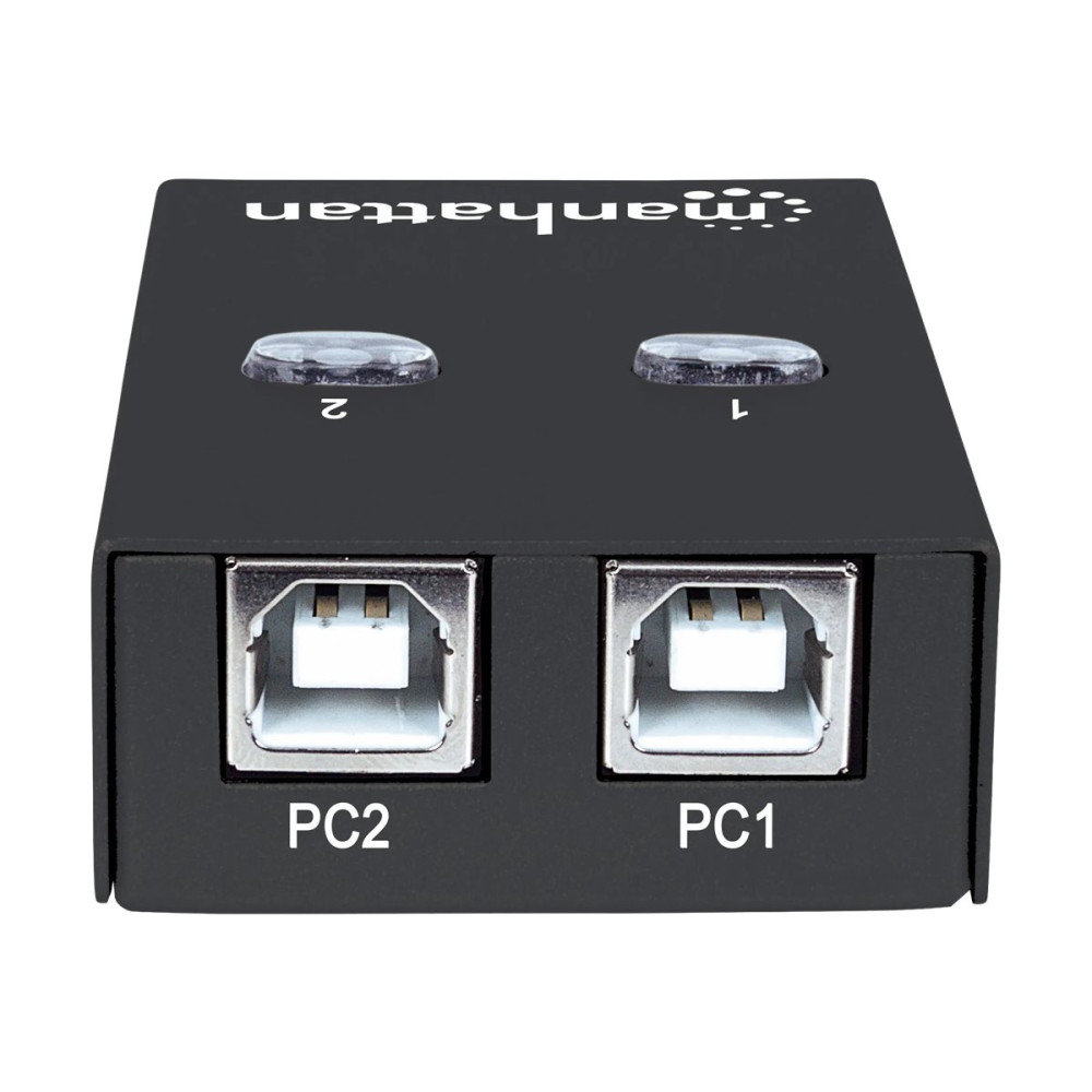 Produktbild för Manhattan USB-A Automatic Sharing Switch, 2x USB-B Ports, 480 Mbps (USB 2.0), Dual Control (Auto-Sensing or Manual), Bus Powered, Hi-Speed USB, inc 1x 1.5m USB-A to USB-B cable, Black, Three Year Warranty, Blister - USB-växel - 2 portar