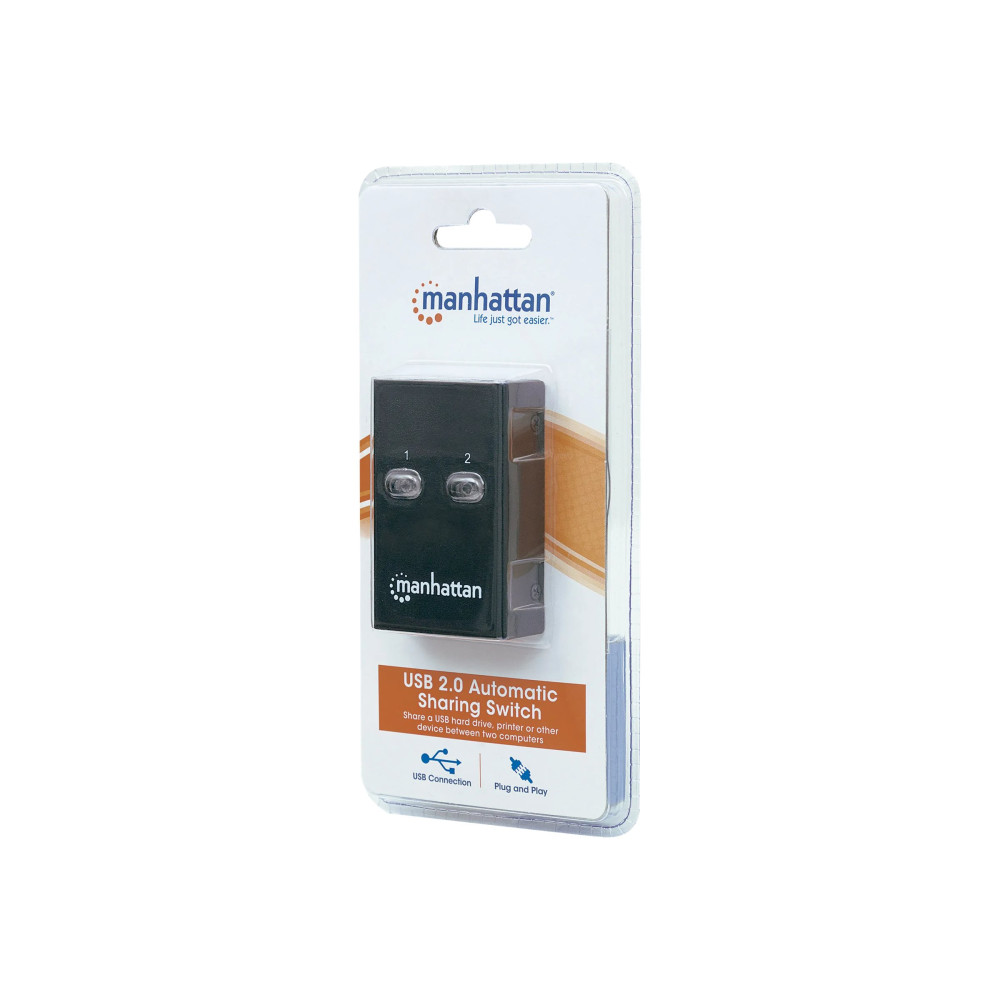 Produktbild för Manhattan USB-A Automatic Sharing Switch, 2x USB-B Ports, 480 Mbps (USB 2.0), Dual Control (Auto-Sensing or Manual), Bus Powered, Hi-Speed USB, inc 1x 1.5m USB-A to USB-B cable, Black, Three Year Warranty, Blister - USB-växel - 2 portar