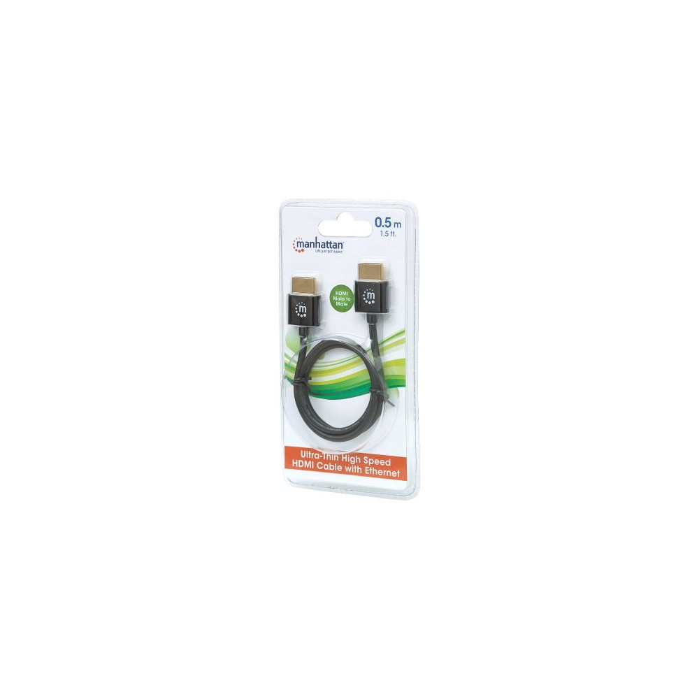 Produktbild för Manhattan HDMI Cable with Ethernet (Ultra Thin), 4K@60Hz (Premium High Speed), 0.5m, Male to Male, Black, Ultra HD 4k x 2k, Fully Shielded, Gold Plated Contacts, Lifetime Warranty, Polybag - HDMI-kabel med Ethernet - 50 cm