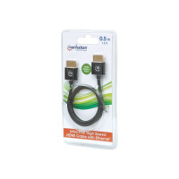 Produktbild för Manhattan HDMI Cable with Ethernet (Ultra Thin), 4K@60Hz (Premium High Speed), 0.5m, Male to Male, Black, Ultra HD 4k x 2k, Fully Shielded, Gold Plated Contacts, Lifetime Warranty, Polybag - HDMI-kabel med Ethernet - 50 cm
