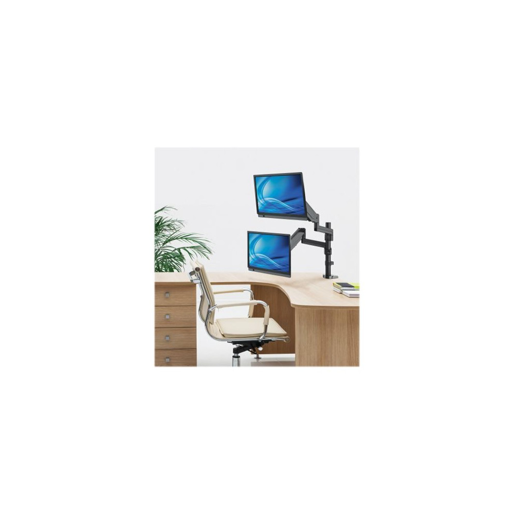 Produktbild för Manhattan TV & Monitor Mount, Desk, Full Motion (Gas Spring), 2 screens, Screen Sizes: 10-27", Black, Clamp or Grommet Assembly, Dual Screen, VESA 75x75 to 100x100mm, Max 8kg (each), Lifetime Warranty monteringssats - för 2 LCD-bildskärmar