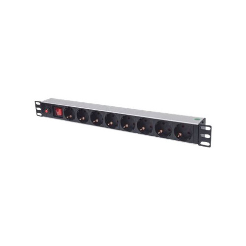 IC Intracom Intellinet 19" 1U Rackmount 8-Way Power Strip - German Type, With On/Off Switch and Overload Protection, 3m Power Cord - effektband