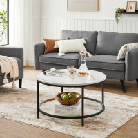 Produktbild för Coffee Table White Marble Look, Black Frame 80x80x45cm