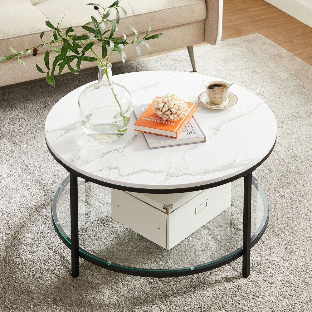 Produktbild för Coffee Table White Marble Look, Black Frame 80x80x45cm
