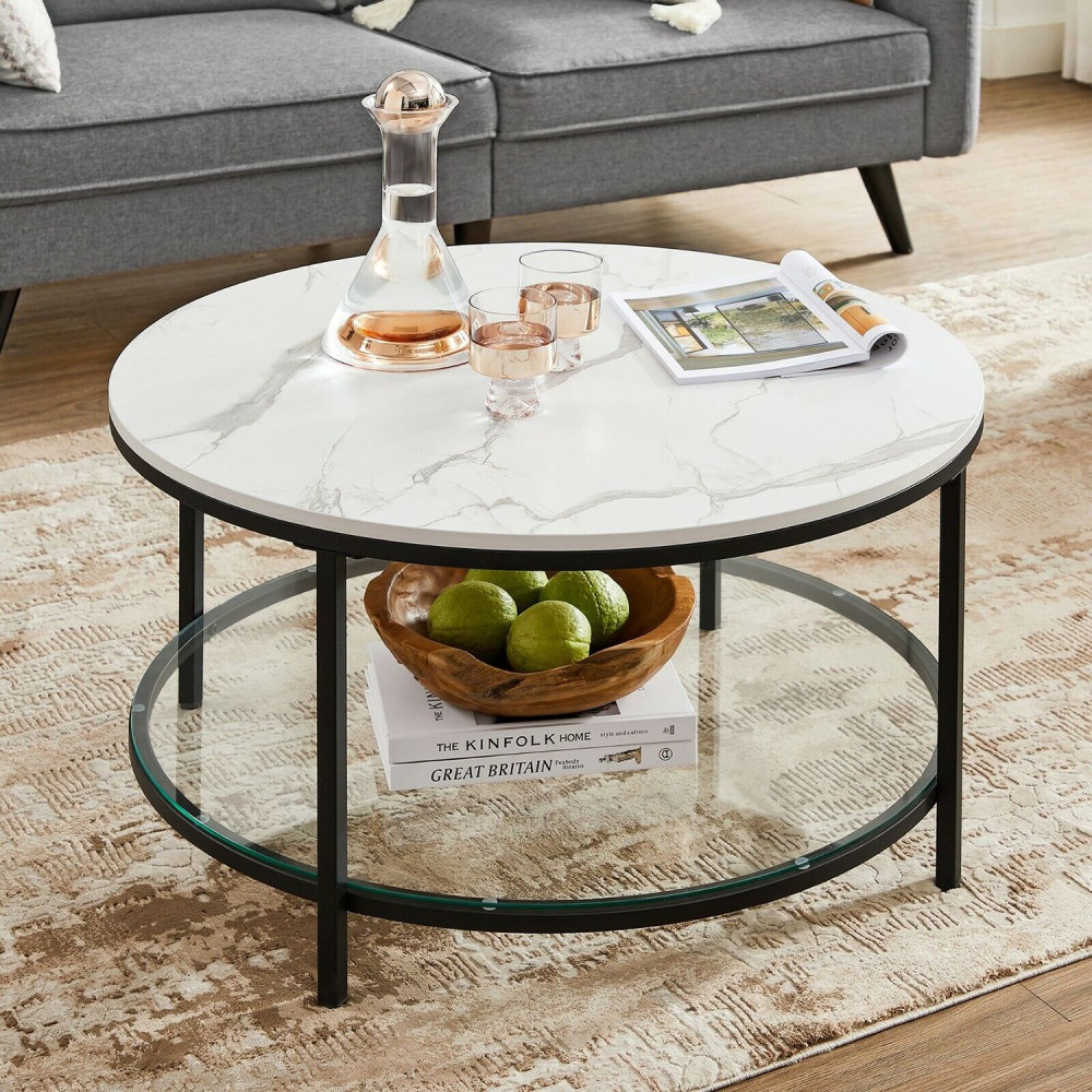 Produktbild för Coffee Table White Marble Look, Black Frame 80x80x45cm