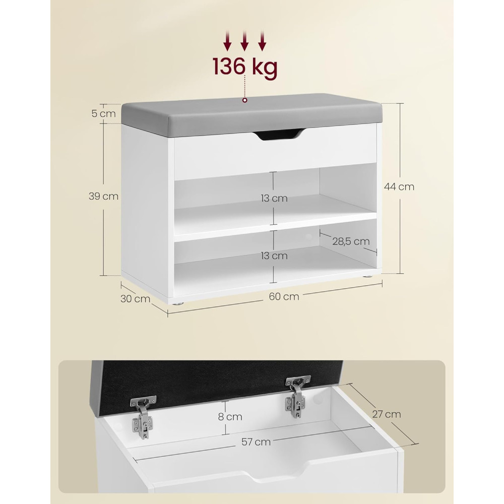 Produktbild för Shoe Bench White 60x30x44cm