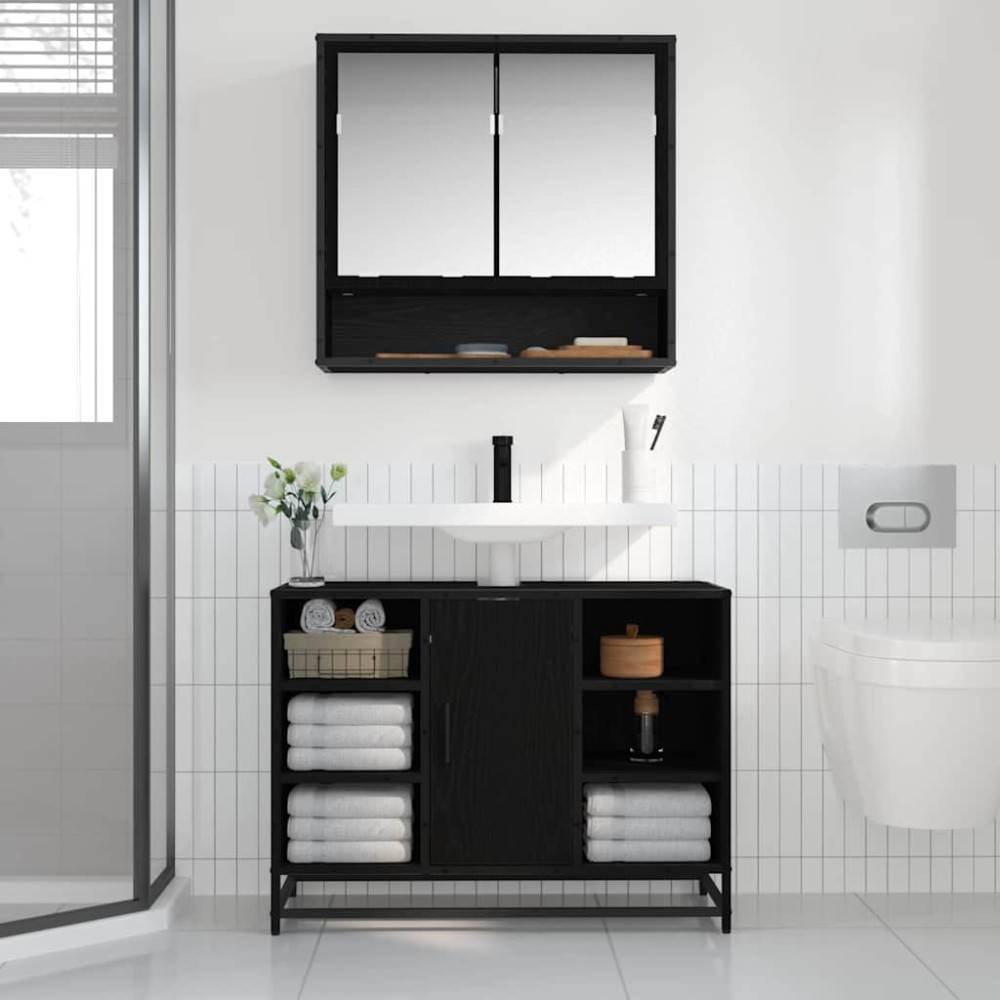 Produktbild för Vägg hylla med hylla Väggmonterad Svart Ek 65 x 20 x 60 cm