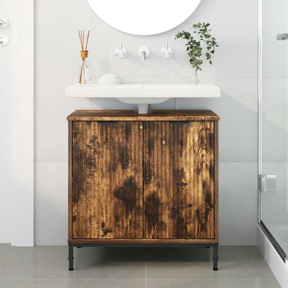 Produktbild för Badrumsskåp med handfat med lagring Rökt ek 60,5 x 33,5 x 61 cm
