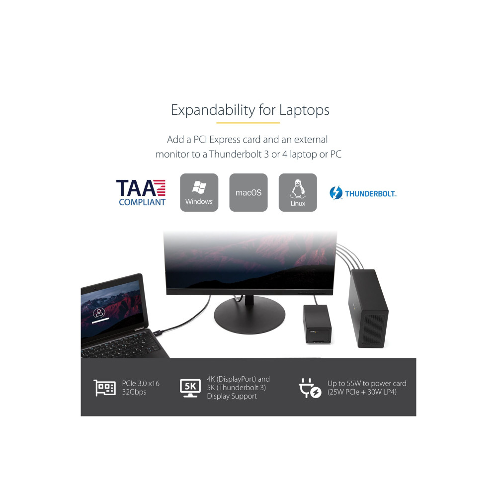 Produktbild för StarTech.com Thunderbolt 3 PCIe Expansion Chassis, External Enclosure Box with 1x PCI-Express Slot, 5K/4K Output Via TB3/DP Ports, TAA - förlängningskabel till systembuss - DP